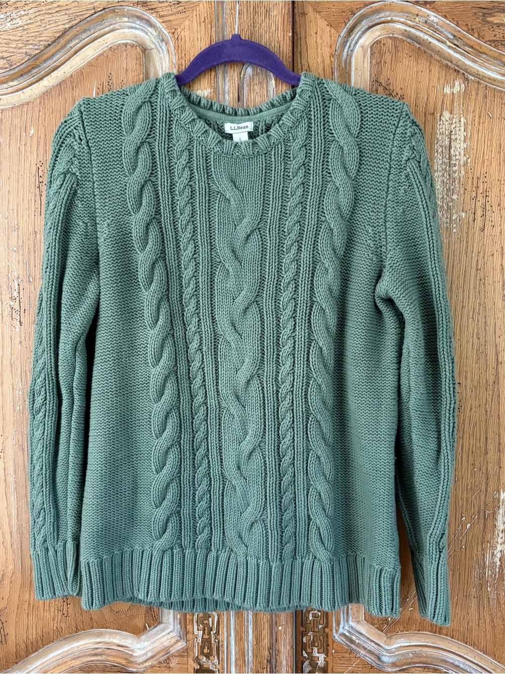L.L. Bean Double L Cable Knit Crewneck Sweater - Sage Green L